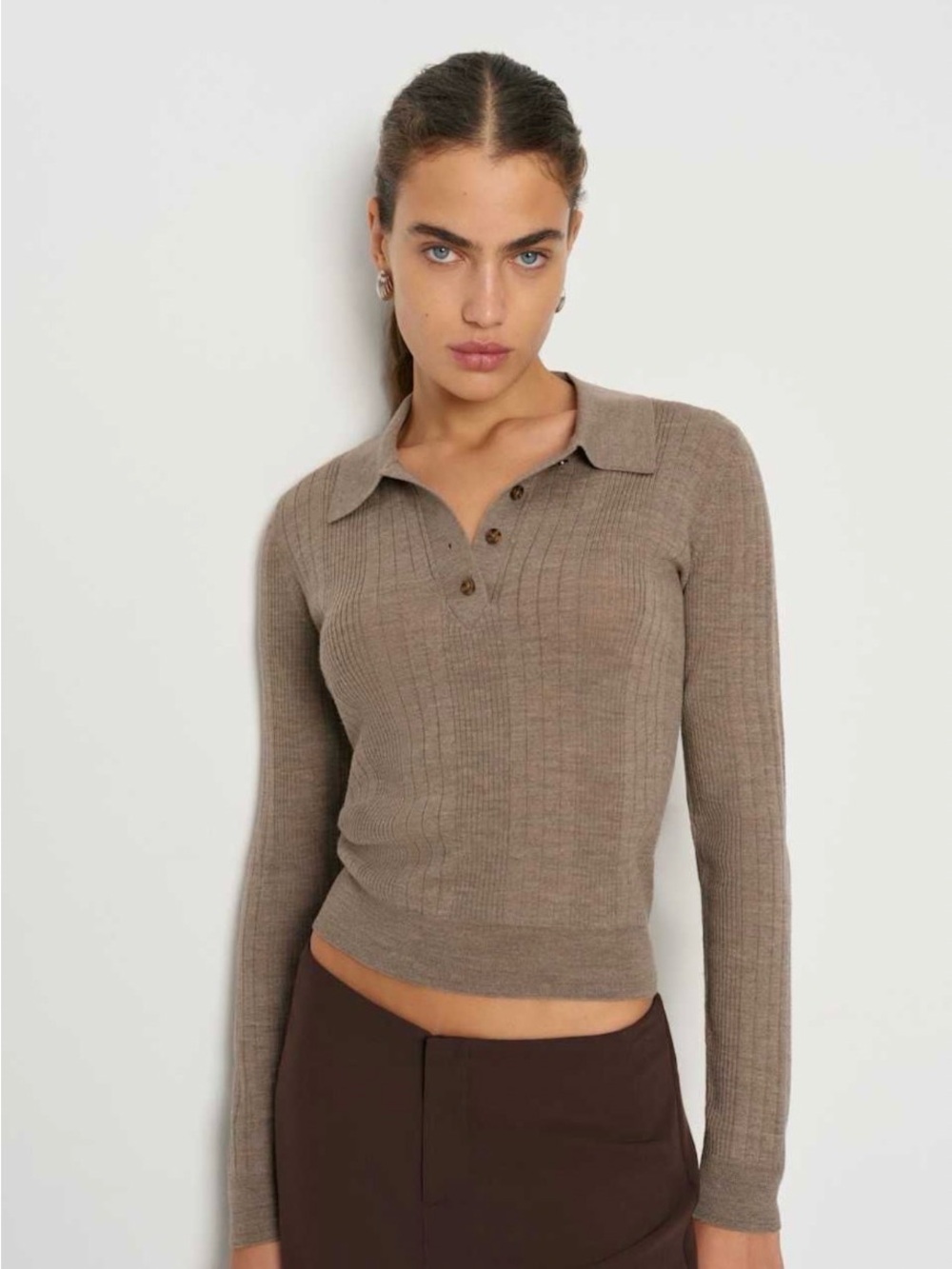Reformation Taupe Ribbed Polo Sweater